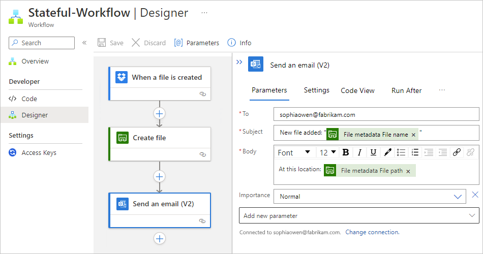 Screenshot showing Standard workflow designer, built-in connector "Create file" action, and "Send an email" action.