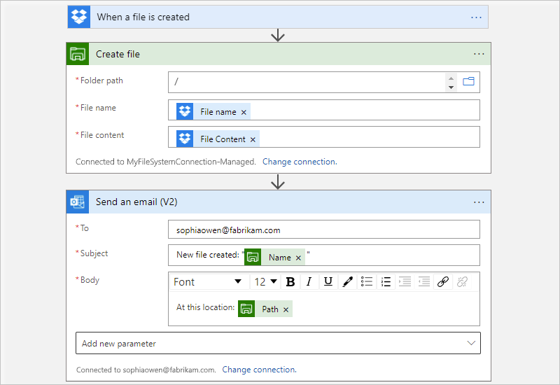 Screenshot showing Consumption workflow designer, managed connector "Create file" action, and "Send an email" action.