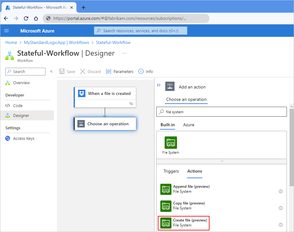 Screenshot showing Azure portal, designer for Standard logic app workflow, search box with "file system", and built-in connector "Create file" action selected.