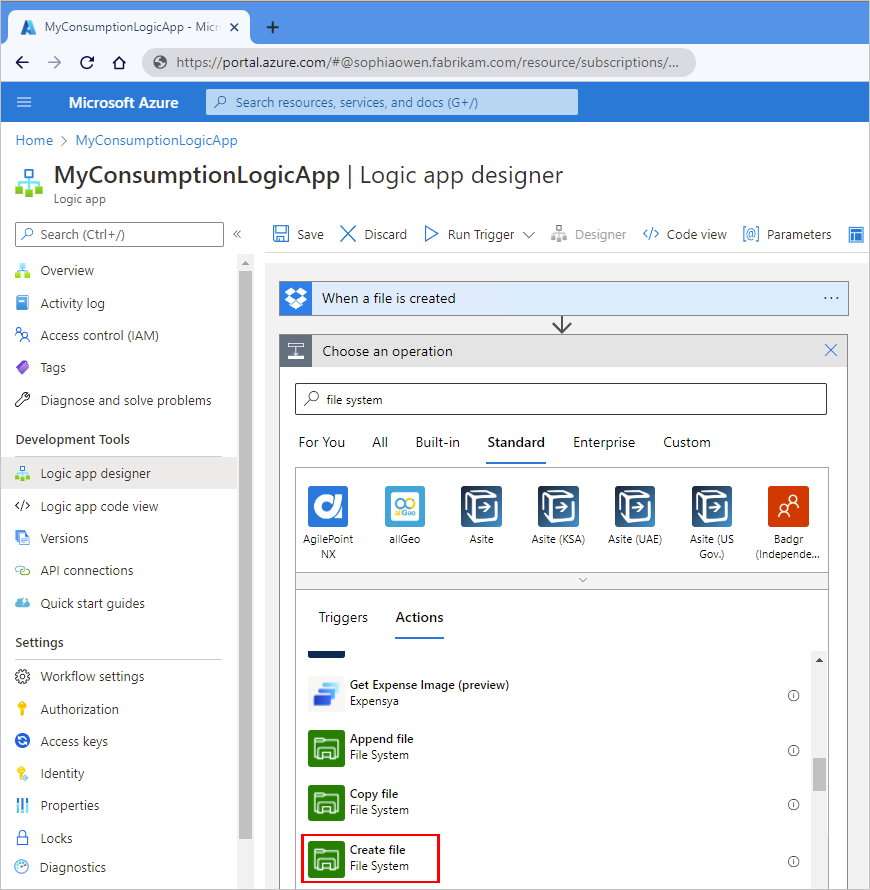 Screenshot showing Azure portal, designer for Consumption logic app workflow, search box with "file system", and "Create file" action selected.
