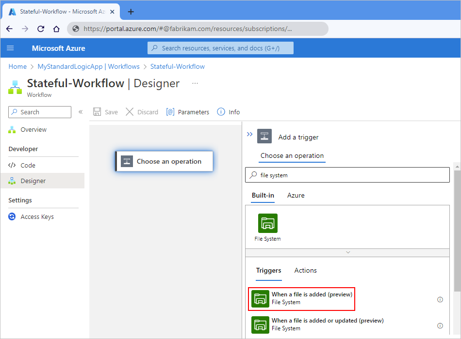 Screenshot showing Azure portal, designer for Standard logic app workflow, search box with "file system", and "When a file is added" selected.