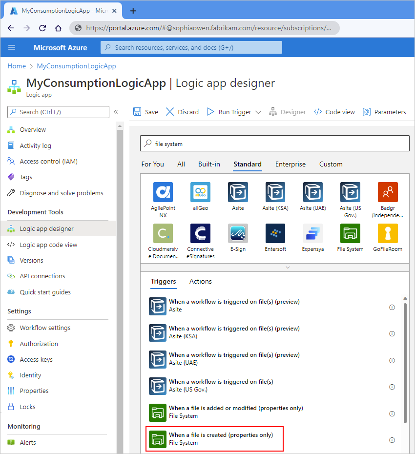 Screenshot showing Azure portal, designer for Consumption logic app workflow, search box with "file system", and File System trigger selected.