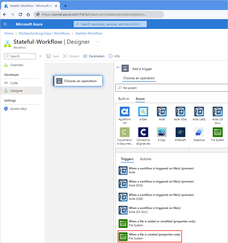 Screenshot showing Azure portal, designer for Standard logic app workflow, search box with "file system", and the "When a file is created" trigger selected.