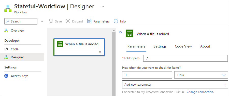 Screenshot showing Standard workflow designer and "When a file is added" trigger information.