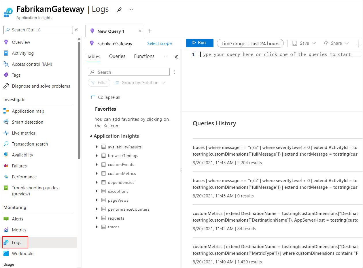 Screenshot showing the Azure portal with Application Insights open to the "Logs" pane for creating queries.