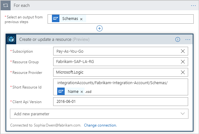 Screenshot that shows the Azure Resource Manager action with a "for each" loop.