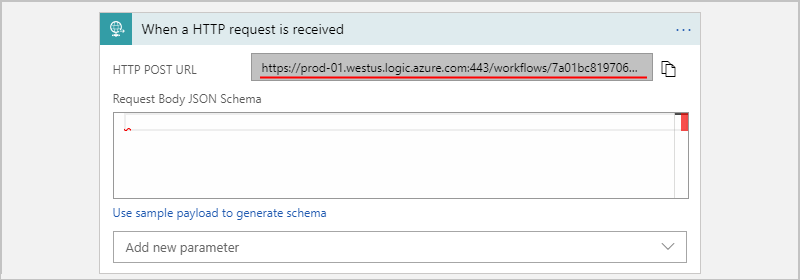 Screenshot that shows the workflow designer with the Request trigger with generated POST URL being copied.
