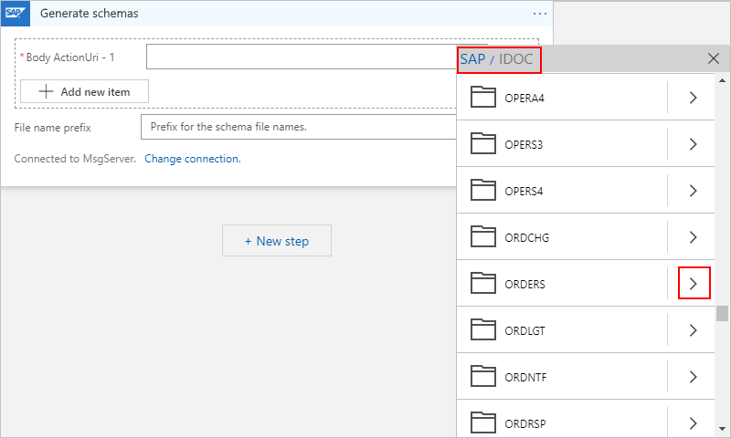 Screenshot that shows selecting an SAP action.
