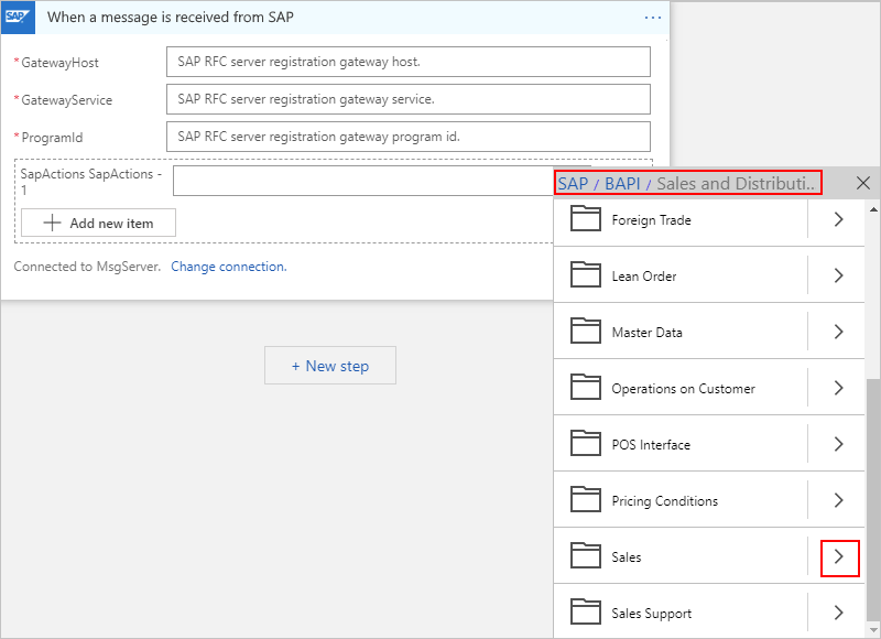Screenshot that shows adding an SAP action to logic app workflow.