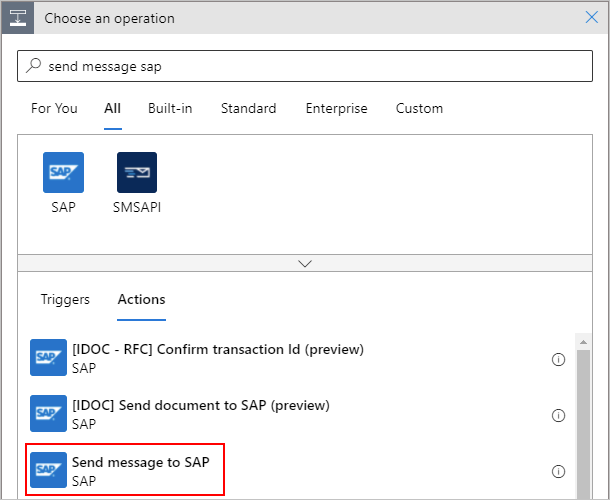 Screenshot that shows the workflow designer with the selected "Send message to SAP" action.