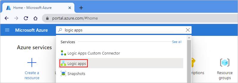 Screenshot showing Azure portal main search box with "logic apps" entered and "Logic apps" selected.
