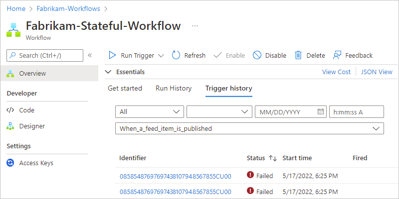 Screenshot shows Overview page for Standard workflow and multiple trigger attempts for different items.