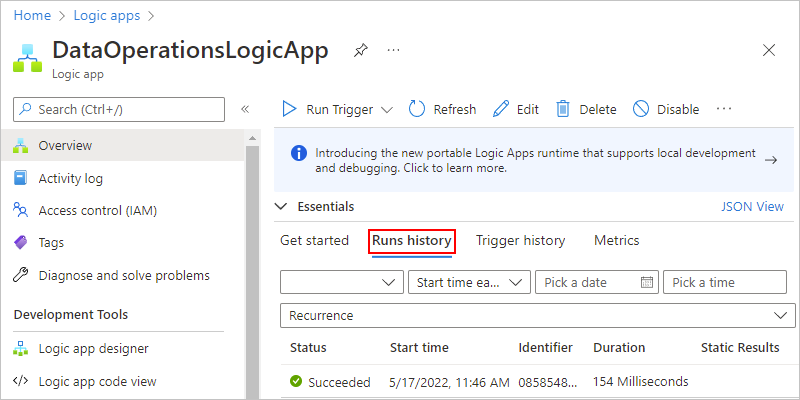 Screenshot showing Consumption logic app workflow "Overview" pane with "Runs history" selected.