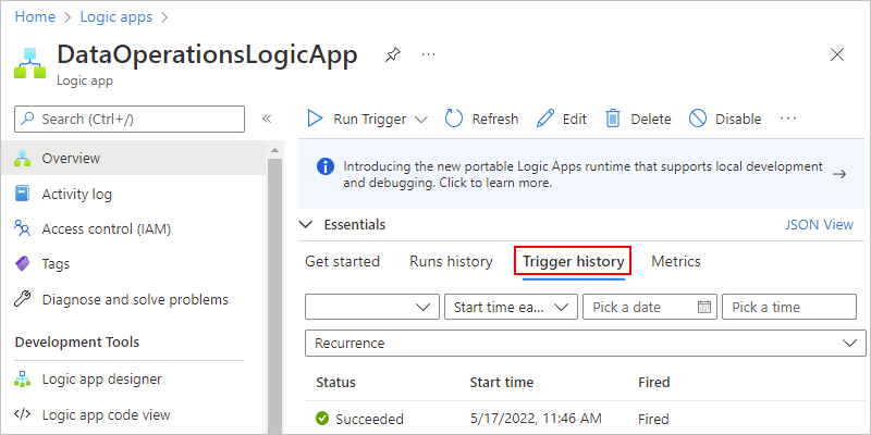 Screenshot shows Overview pane for Consumption logic app workflow with selected option named Trigger history.
