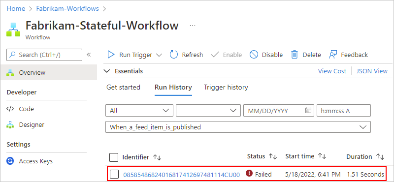 Screenshot showing the Standard workflow run selected.