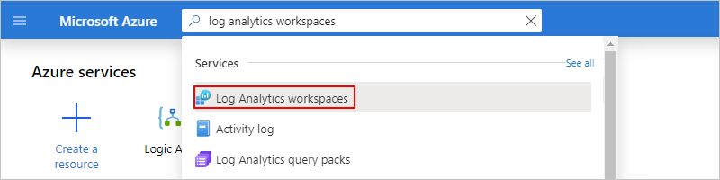 Screenshot showing the Azure portal search box with log analytics workspaces selected.