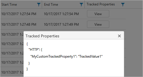 Screenshot showing tracked properties for a specific Consumption logic app workflow.