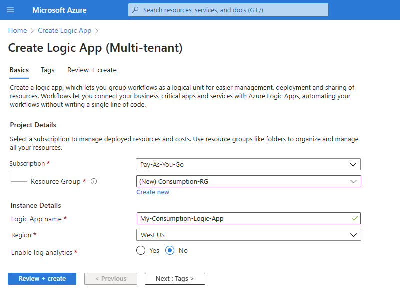 Screenshot shows Azure portal and logic app resource creation page with details for new logic app.