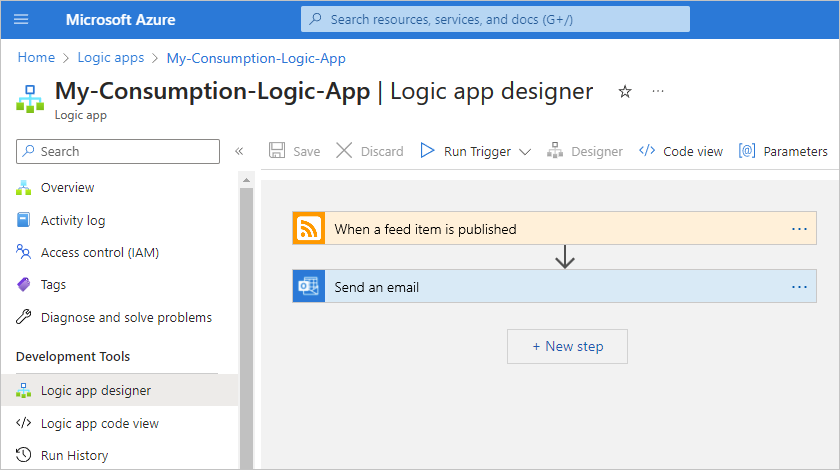 Screenshot showing the example workflow with the RSS trigger, "When a feed item is published" and the Outlook action, "Send an email".