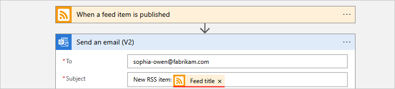 Screenshot showing the "Send an email" action and an example email subject with the included "Feed title" property.