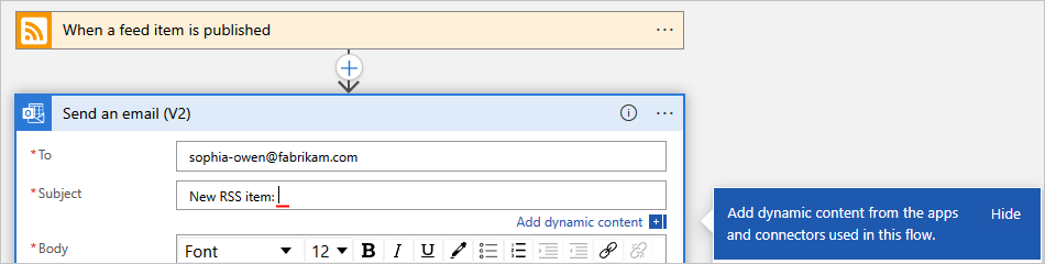 Screenshot showing the "Send an email" action and cursor inside the "Subject" property box.