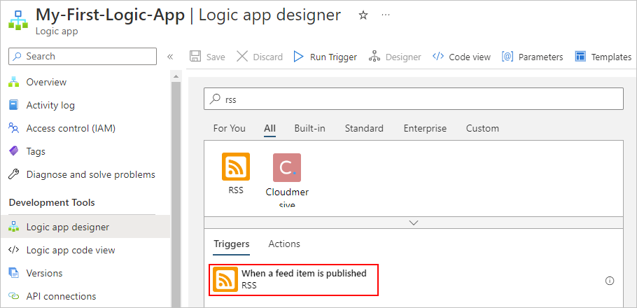 Screenshot showing the workflow designer with "rss" in the search box and the selected RSS trigger named "When a feed item is published".