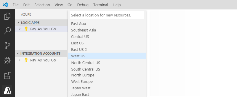 Select Azure location for saving logic app metadata