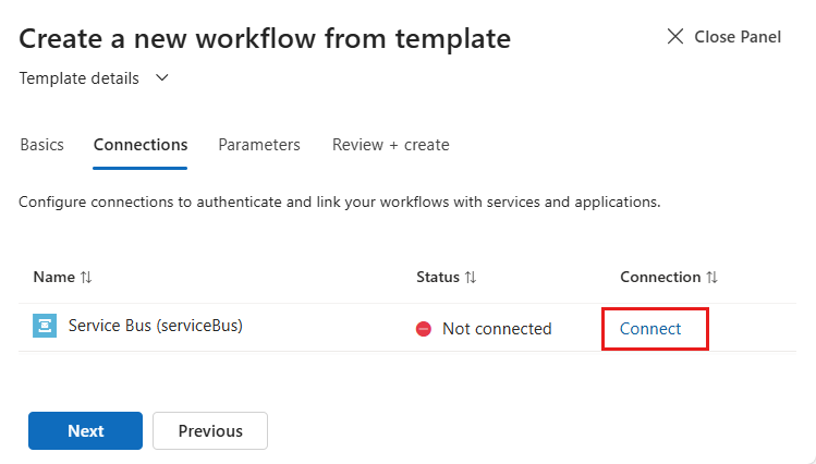Screenshot shows pane to start connecting to Azure Service Bus namespace.