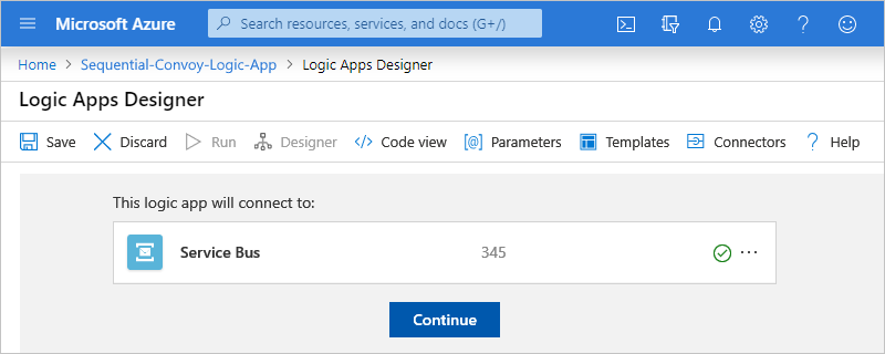Select "Continue" to connect to Azure Service Bus