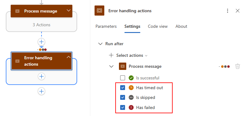 Screenshot shows error handling scope and run after settings.
