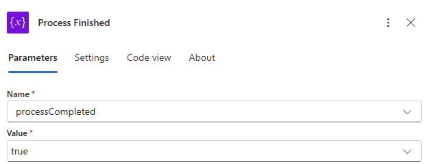 Screenshot shows the updated values in the Process Finished action.