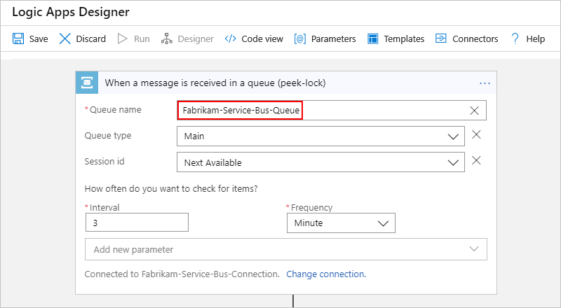Service Bus trigger details for "When a message is received in a queue (peek-lock)"