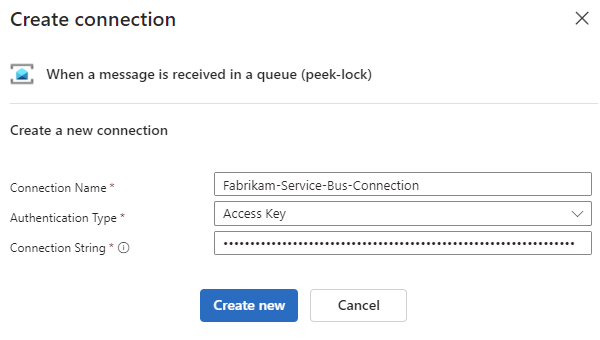 Screenshot shows Service Bus connection pane in Consumption workflow.