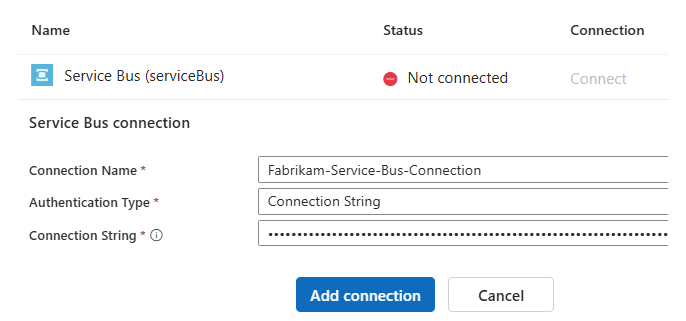 Screenshot shows Service Bus connection pane in Standard workflow.