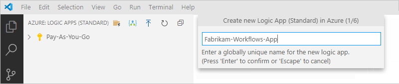 Screenshot that shows the prompt for a globally unique name to use for your logic app.