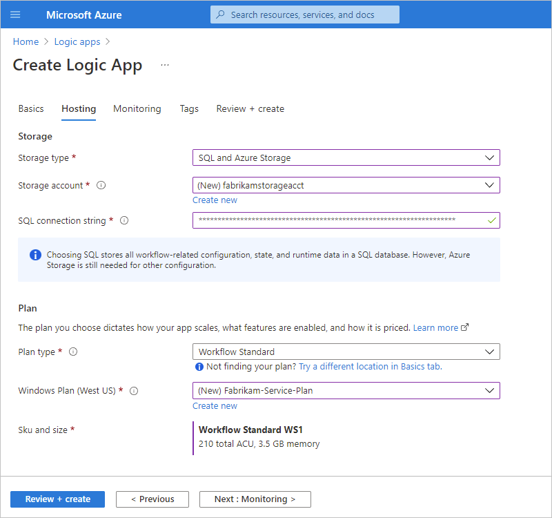 Screenshot that shows the Azure portal and "Create Logic App" page with the "Hosting" tab.
