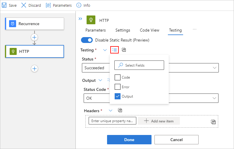 Screenshot showing the "Testing" pane with "Select optional fields" list opened.
