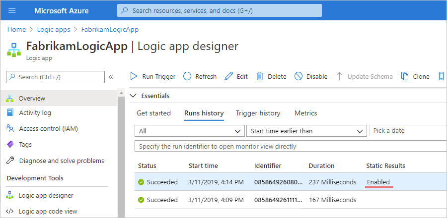Screenshot showing the workflow run history with the "Static Results" column.