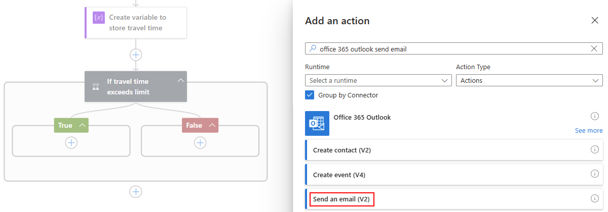 Screenshot that shows the "Choose an operation list" with "Standard" category and "Office 365 Outlook" connector selected.