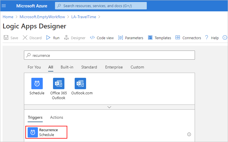 Screenshot showing Azure portal, workflow designer, search box with 'recurrence' entered, and the 'Recurrence' trigger selected.