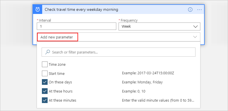 Screenshot that shows the opened "Add new parameter" list and these selected properties: "On these days", "At these hours", and "At these minutes".