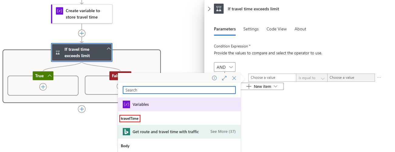 Screenshot that shows the "Choose a value" box on the condition's left side with the dynamic content list open and the "travelTime" property selected.