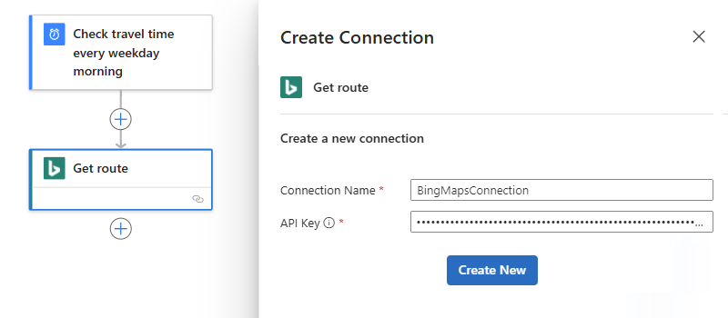 Screenshot that shows the Bing Maps connection box with the specified connection name and Bing Maps API key.