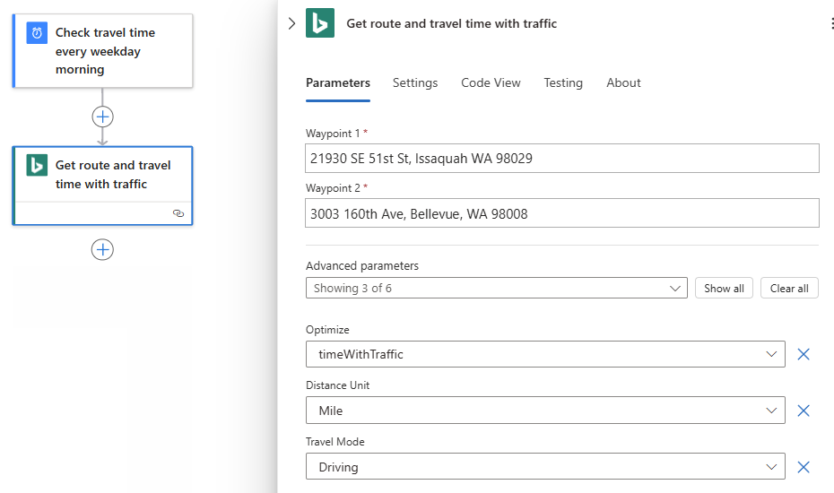 Screenshot that shows additional property values for the "Get route" action.