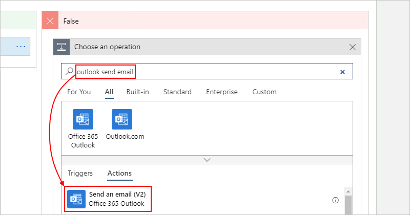 Screenshot that shows the "Choose an operation" search box with "outlook send email" entered and the "Send an email" action selected.