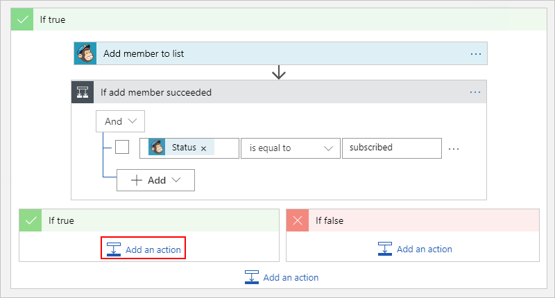 Screenshot that shows the "If add member succeeded" condition's "True" branch with "Add an action" selected.