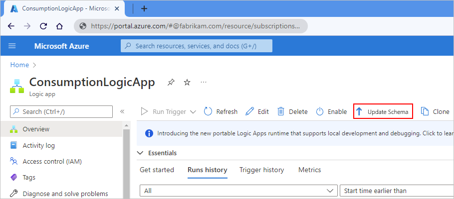 Screenshot showing Azure portal, Consumption logic app resource, Overview page, and selected Update Schema command.