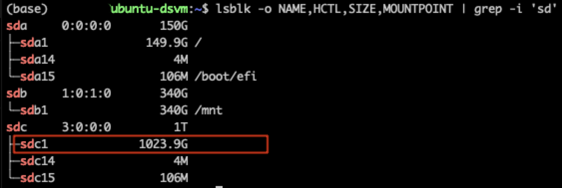 Screenshot of lsblk output, showing unmounted data drive
