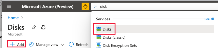 Screenshot of Azure portal showing search for Disks page and the Add button