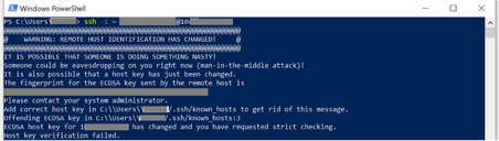 PowerShell screenshot showing remote host identification changed warning